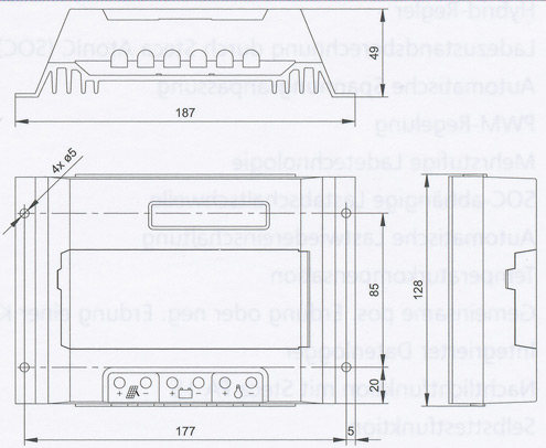 Die Abmessungen des Steca Tarom 245 Solar Ladereglers